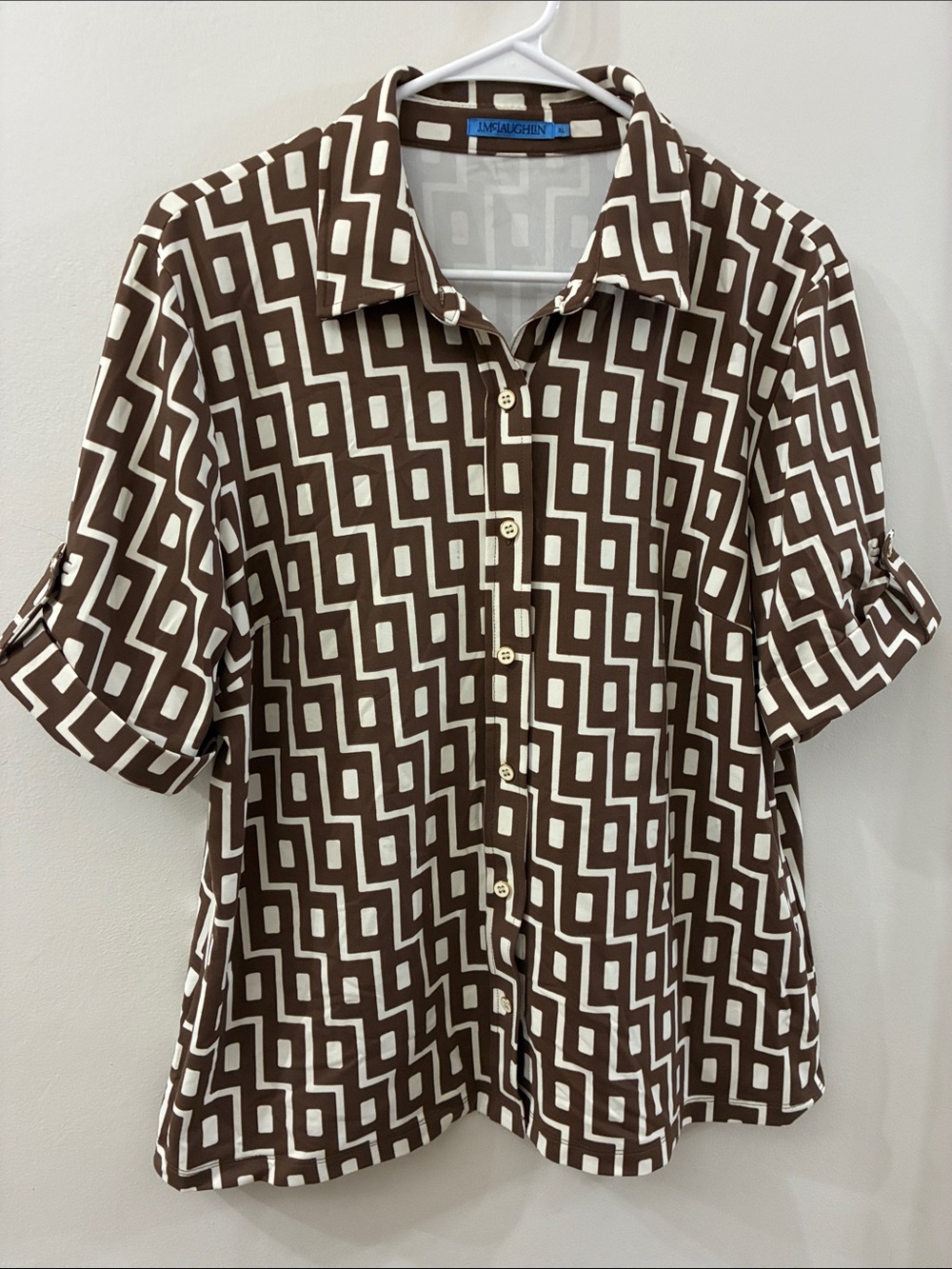 J. McLaughlin Brown & White Geometric Button-Down Blouse - size XL